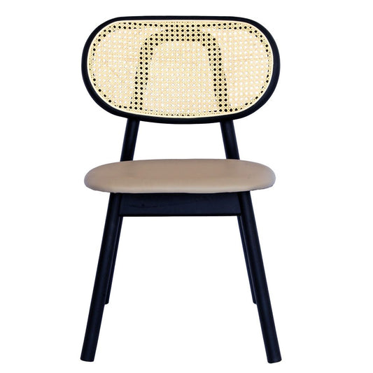 The Apache Black Dining Chair is a coastal/contemporary dining chair.  Crafted with solid ash frame, polyurethane seat and a rattan back. Colours Black Frame, Grey Polyurethane seat and natural rattan seat back. Measuring 530 wide x 550 depth x 450 seat height and a back height of 780. Front Plain.