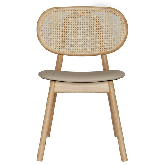 The Apache - Natural Dining Chair is a coastal/contemporary dining chair.  Crafted with solid ash frame, polyurethane seat and a rattan back. Colours Natural Frame, Natural Polyurethane seat and natural rattan seat back. Measuring 530 wide x 550 depth x 450 seat height and a back height of 780. Front Plain.