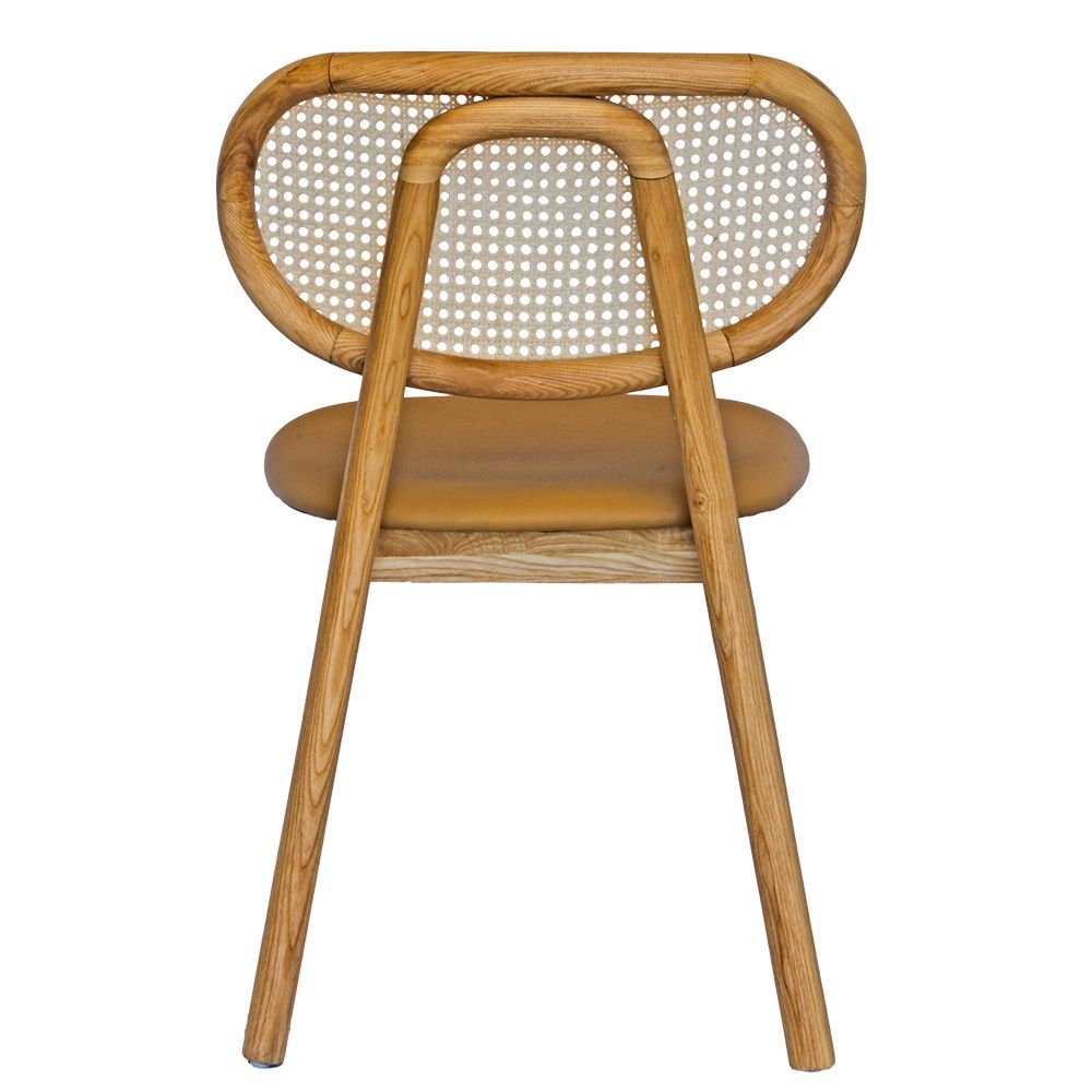 The Apache - Natural Dining Chair is a coastal/contemporary dining chair.  Crafted with solid ash frame, polyurethane seat and a rattan back. Colours Natural Frame, Tan Polyurethane seat and natural rattan seat back. Measuring 530 wide x 550 depth x 450 seat height and a back height of 780. Back Plain.