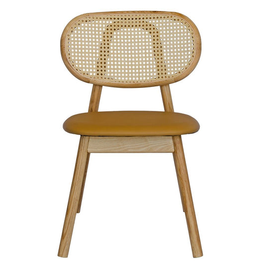 The Apache - Natural Dining Chair is a coastal/contemporary dining chair.  Crafted with solid ash frame, polyurethane seat and a rattan back. Colours Natural Frame, Tan Polyurethane seat and natural rattan seat back. Measuring 530 wide x 550 depth x 450 seat height and a back height of 780. Front Plain.