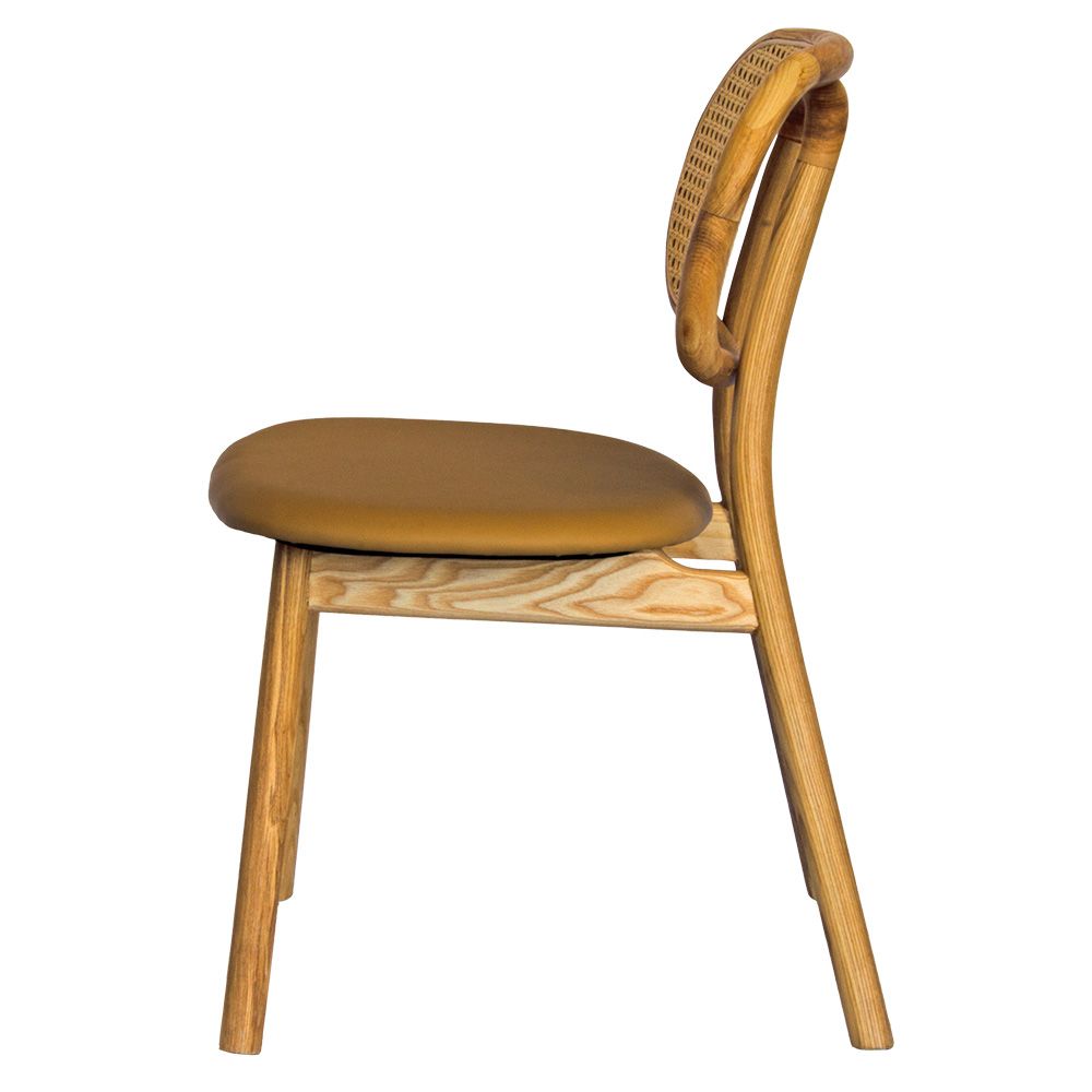 The Apache - Natural Dining Chair is a coastal/contemporary dining chair.  Crafted with solid ash frame, polyurethane seat and a rattan back. Colours Natural Frame, Tan Polyurethane seat and natural rattan seat back. Measuring 530 wide x 550 depth x 450 seat height and a back height of 780. Side Plain.