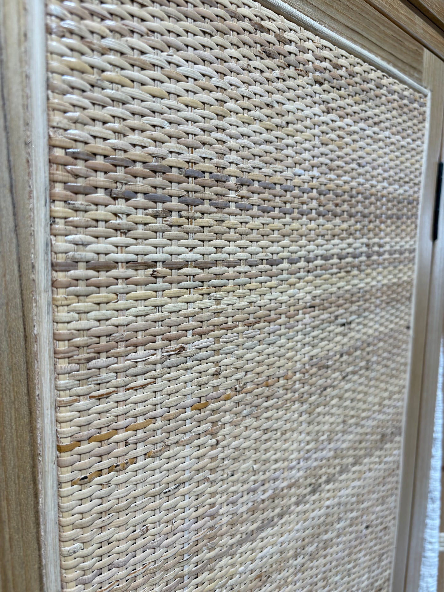 Aquarius 1 Door Cabinet. A refined storage solution designed for contemporary living. Crafted from Solid white cedar with a close rattan mesh door front. Colour Natural. Measures 500 wide x 1650 height x 400 Depth. Close.