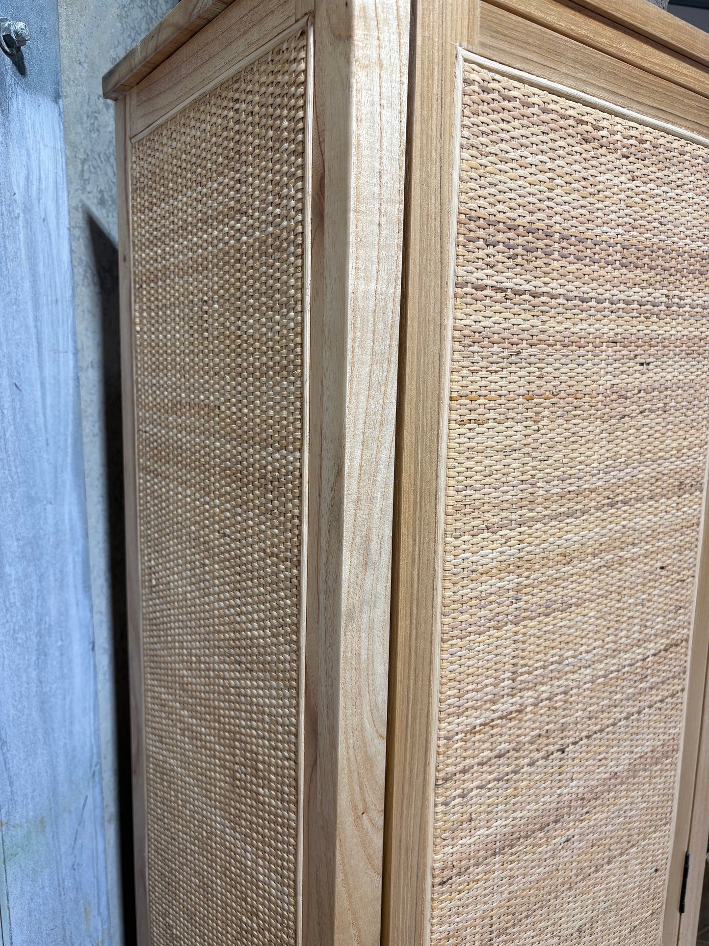 Aquarius 1 Door Cabinet. A refined storage solution designed for contemporary living. Crafted from Solid white cedar with a close rattan mesh door front. Colour Natural. Measures 500 wide x 1650 height x 400 Depth. Angle.
