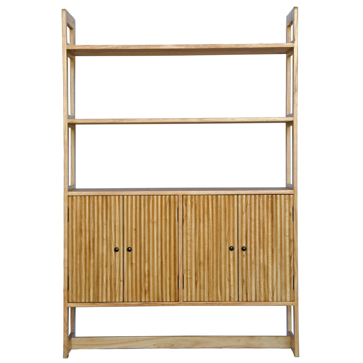 The Aquarius 4 Door Bookshelf, featuring a coastal/contemporary design. With 3 shelves and 4 textured doors which open to an additional inner shelf. Crafted from sustainable white cedar. Colour Natural. Measures 1180 Wide x 400 Depth x 1850 Height. Front Plain.