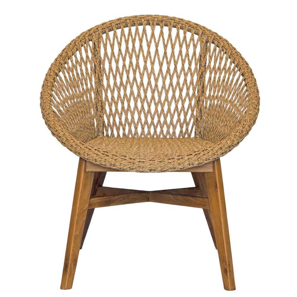 The Arapaho dining chair features a coastal contemporary design with a sustainable teak frame and synthetic rope seat. Colours include a natural frame and natural rope. Measuring 750 wide x 650 depth x 480 seat height. Back height 840. Front.