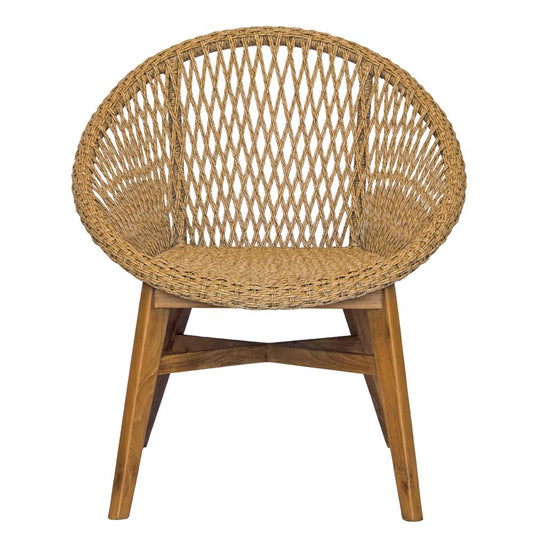 The Arapaho dining chair features a coastal contemporary design with a sustainable teak frame and synthetic rope seat. Colours include a natural frame and natural rope. Measuring 750 wide x 650 depth x 480 seat height. Back height 840. Front.