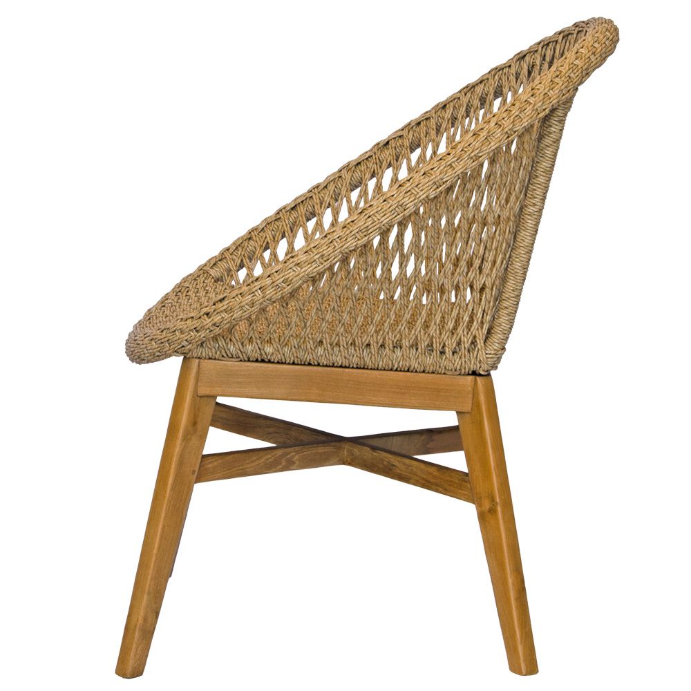 The Arapaho dining chair features a coastal contemporary design with a sustainable teak frame and synthetic rope seat. Colours include a natural frame and natural rope. Measuring 750 wide x 650 depth x 480 seat height. Back height 840. Side.