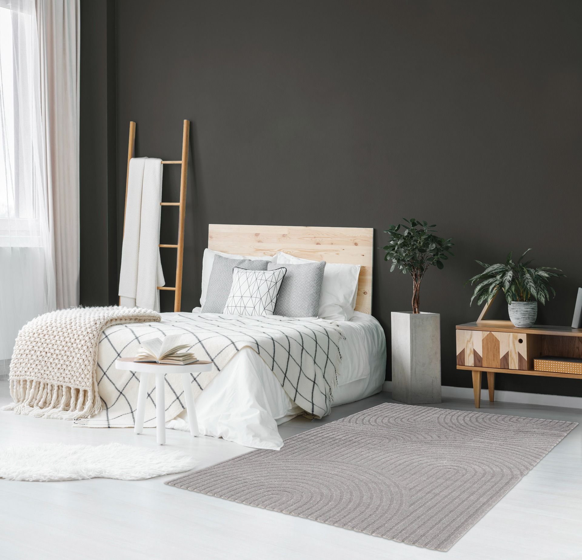 Arches - Grey, a modern rug design crafted with a unique blend of Heat Set Polypropylene and Polyester shrink yarn. Styled.