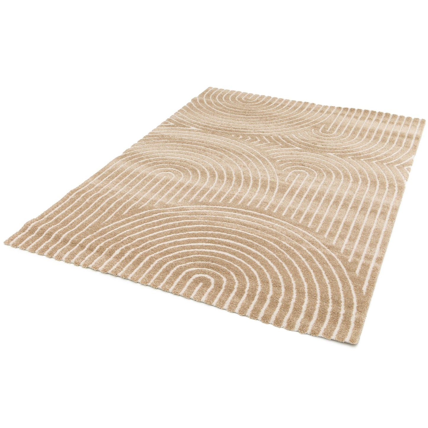 Arches - Beige, a modern rug design crafted with a unique blend of Heat Set Polypropylene and Polyester shrink yarn. Angle Full.