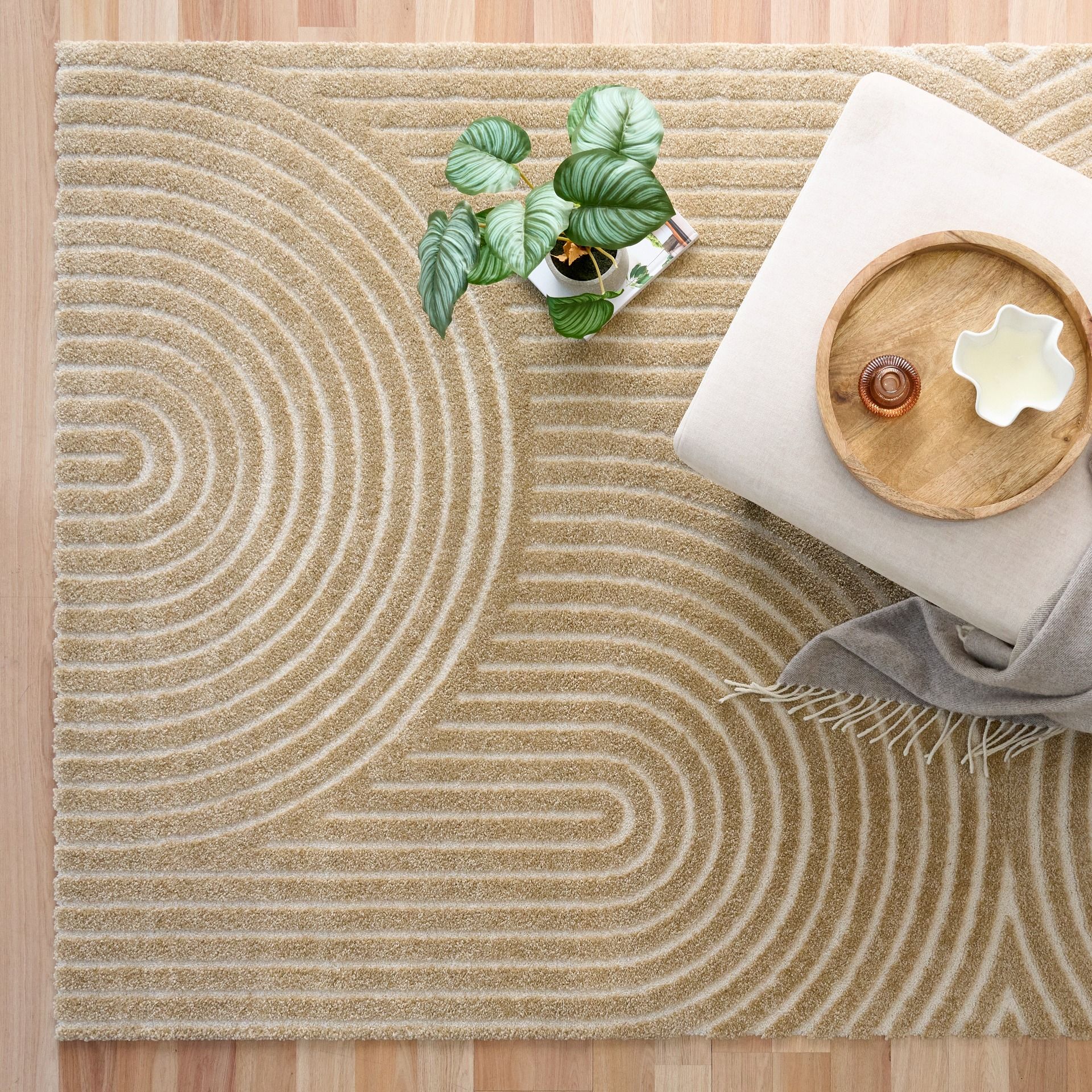 Arches - Beige, a modern rug design crafted with a unique blend of Heat Set Polypropylene and Polyester shrink yarn. Life.