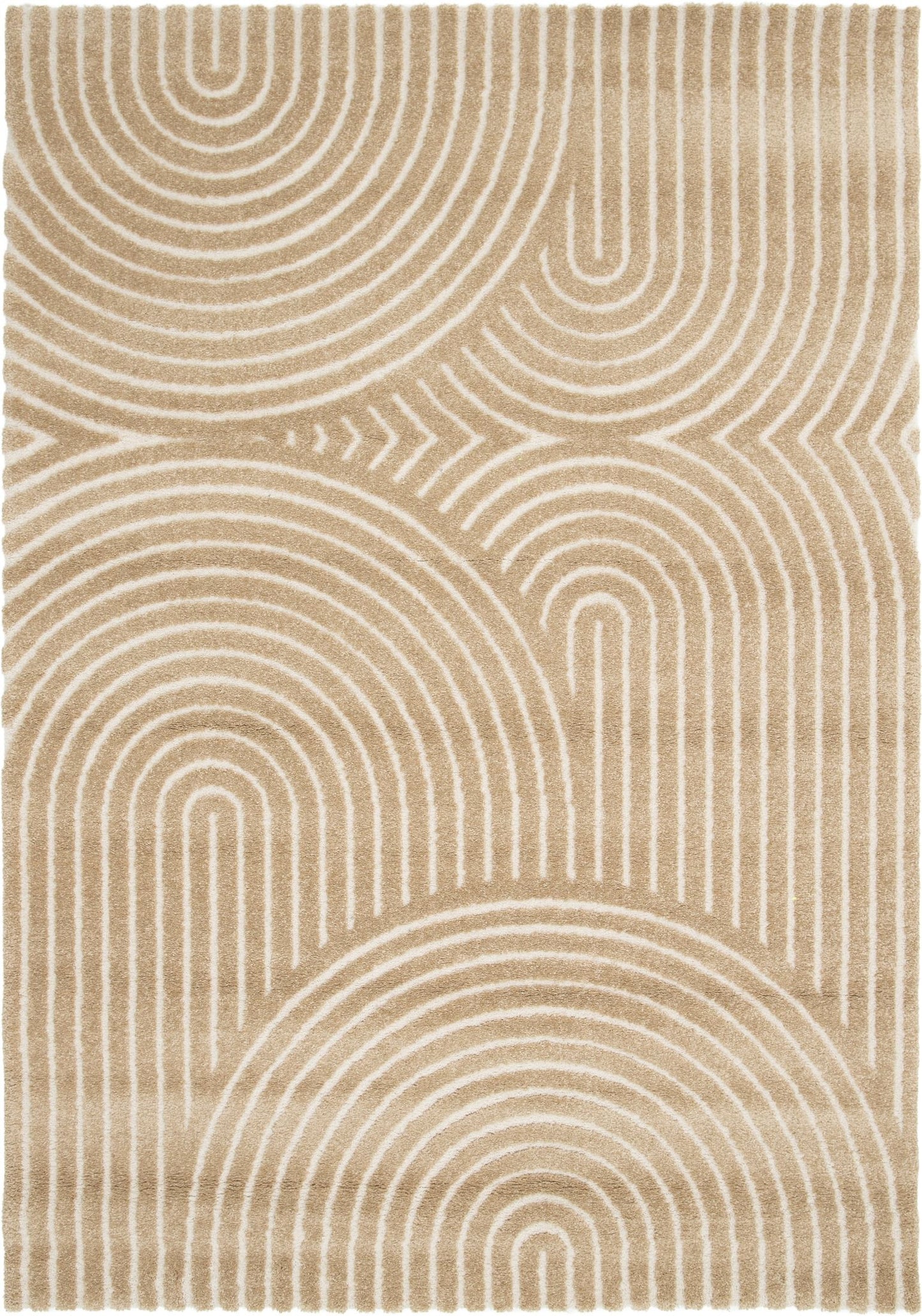 Arches - Beige, a modern rug design crafted with a unique blend of Heat Set Polypropylene and Polyester shrink yarn. Top Full.