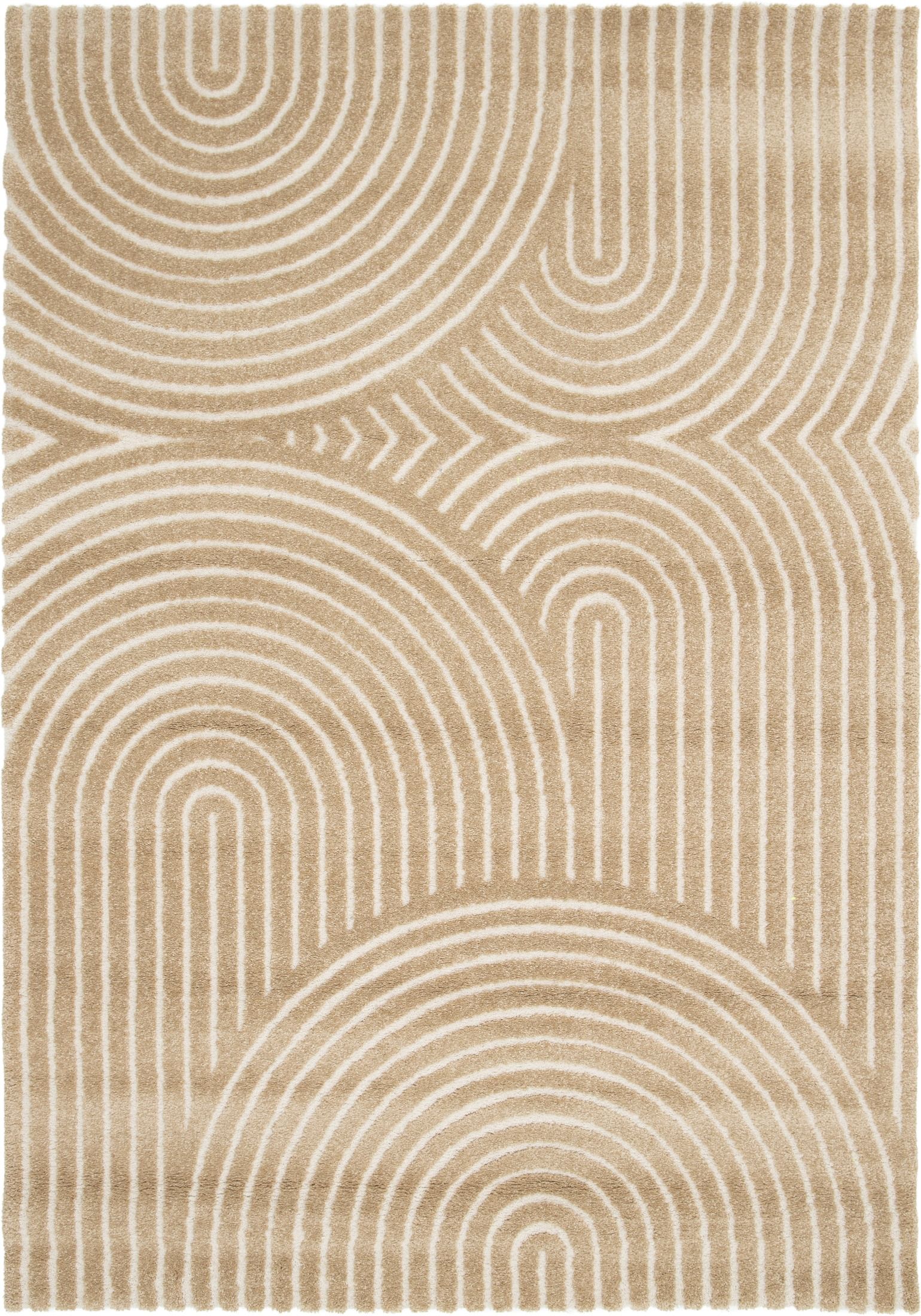 Arches - Beige, a modern rug design crafted with a unique blend of Heat Set Polypropylene and Polyester shrink yarn. Top Full.