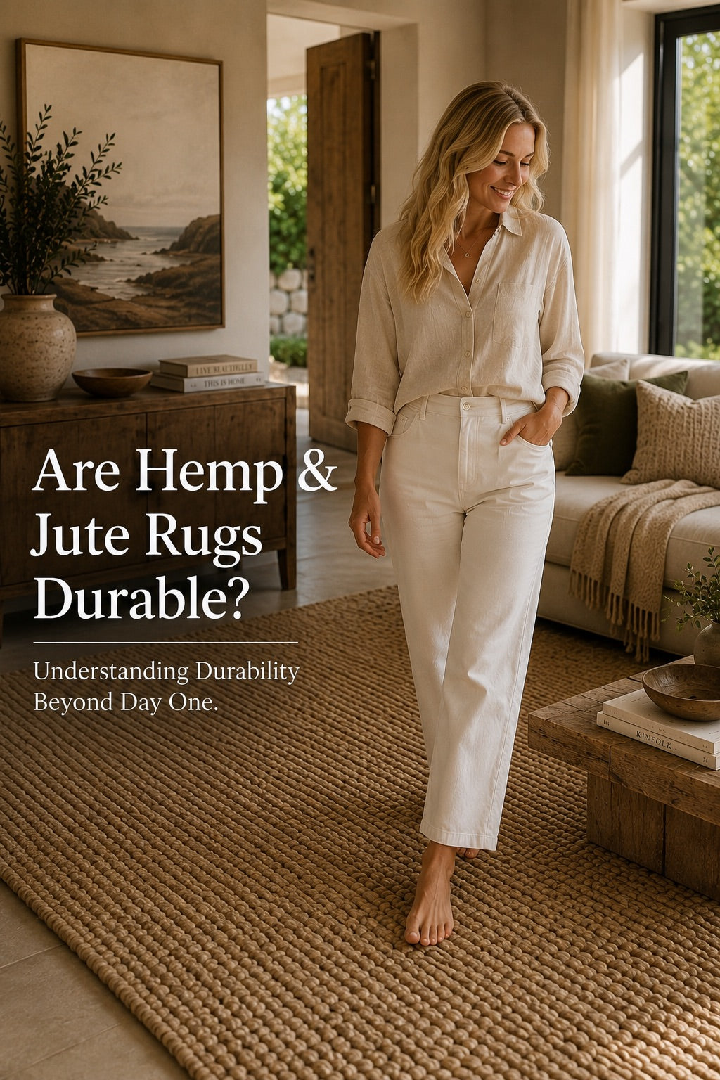 A woman walking on a hand woven hemp rug in a modern Perth home living room setting.