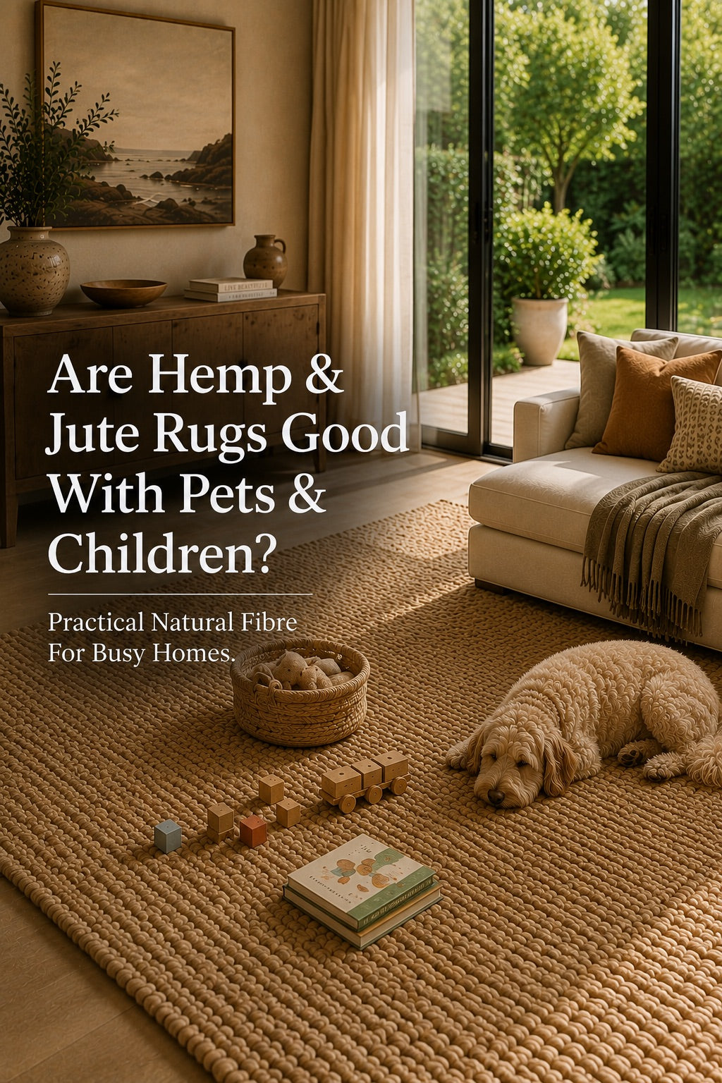 A hand woven hemp rug pictured in a living room with children's toy's and the dog laying on the rug.