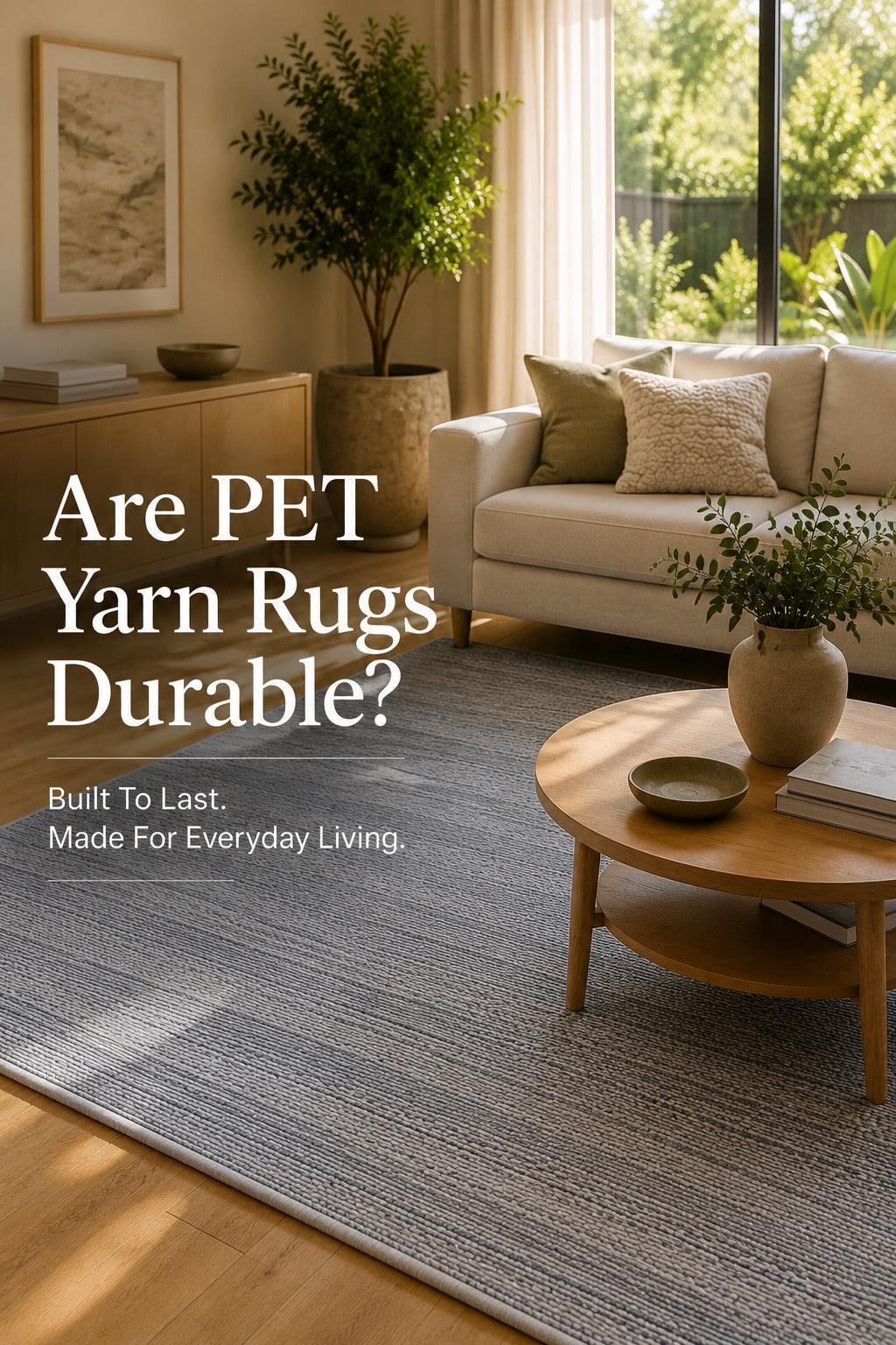 A PET Yarn hand woven flatweave rug styled in a modern Perth home lIving room setting.
