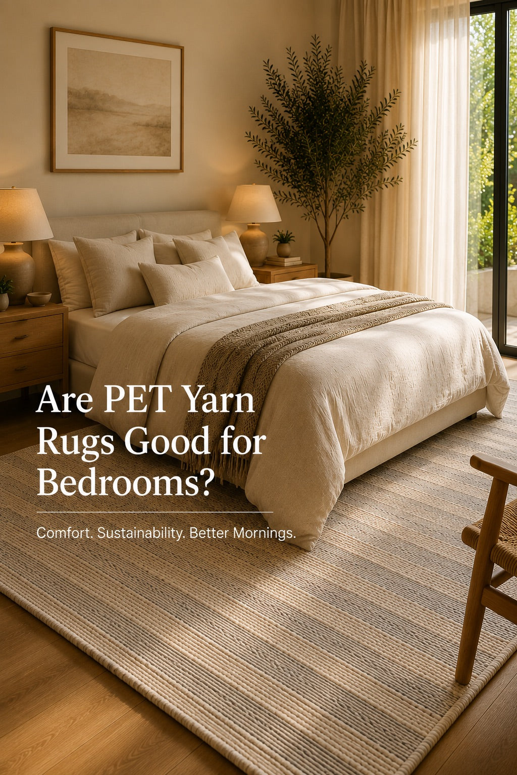 A hand woven PET Yarn flatweave rug styled in a modern Perth home bedroom setting.