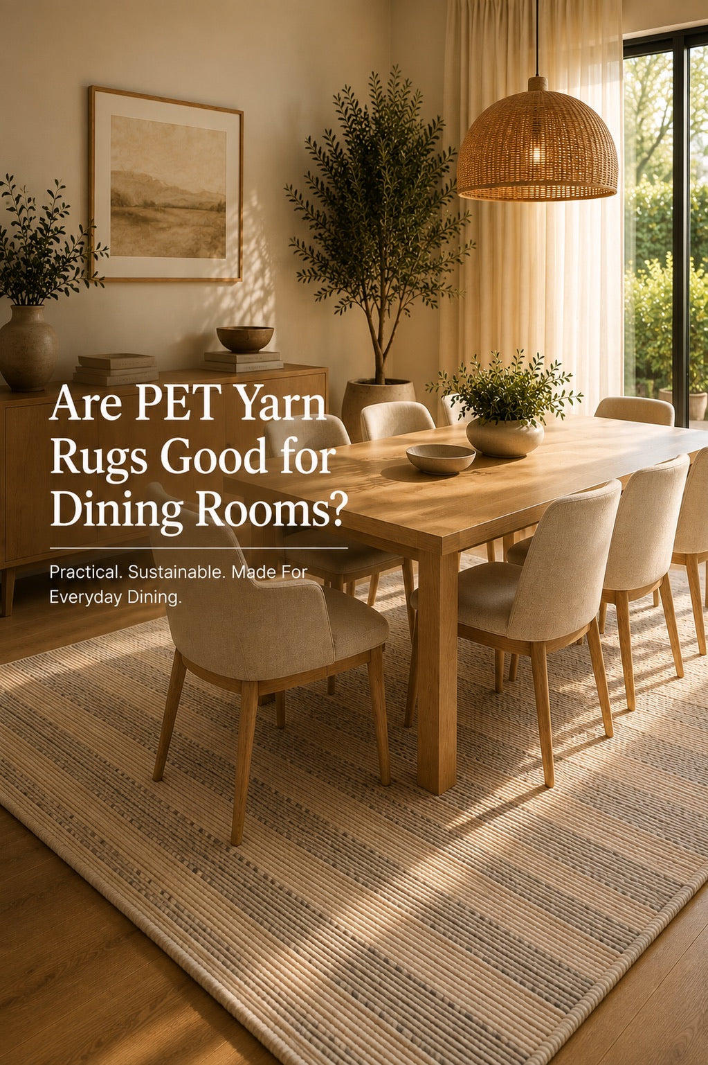 A hand woven PET Yarn flatweave rug styled in a modern Perth home dining room setting.