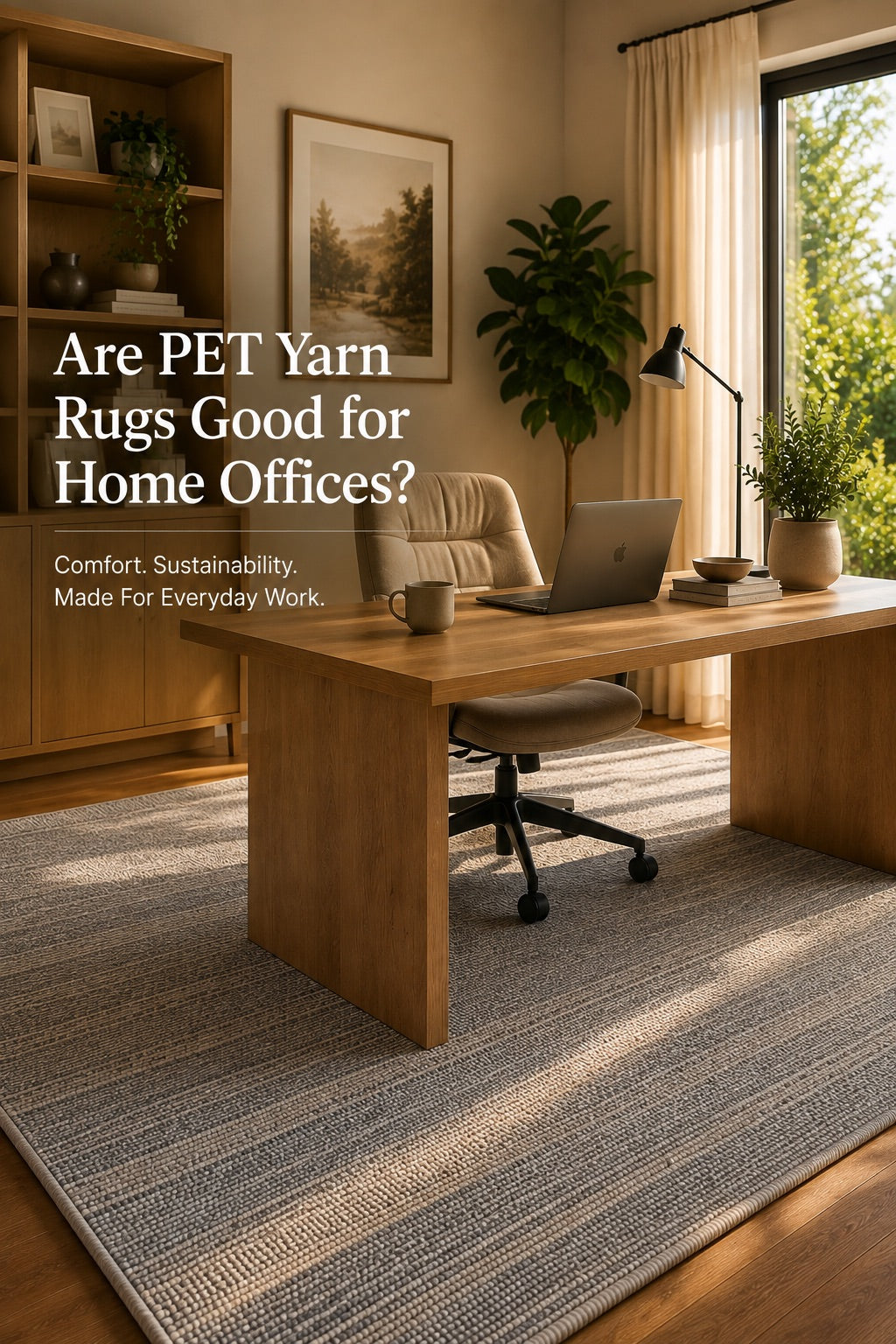 A hand woven PET Yarn flatweave rug styled in a modern Perth home office setting.