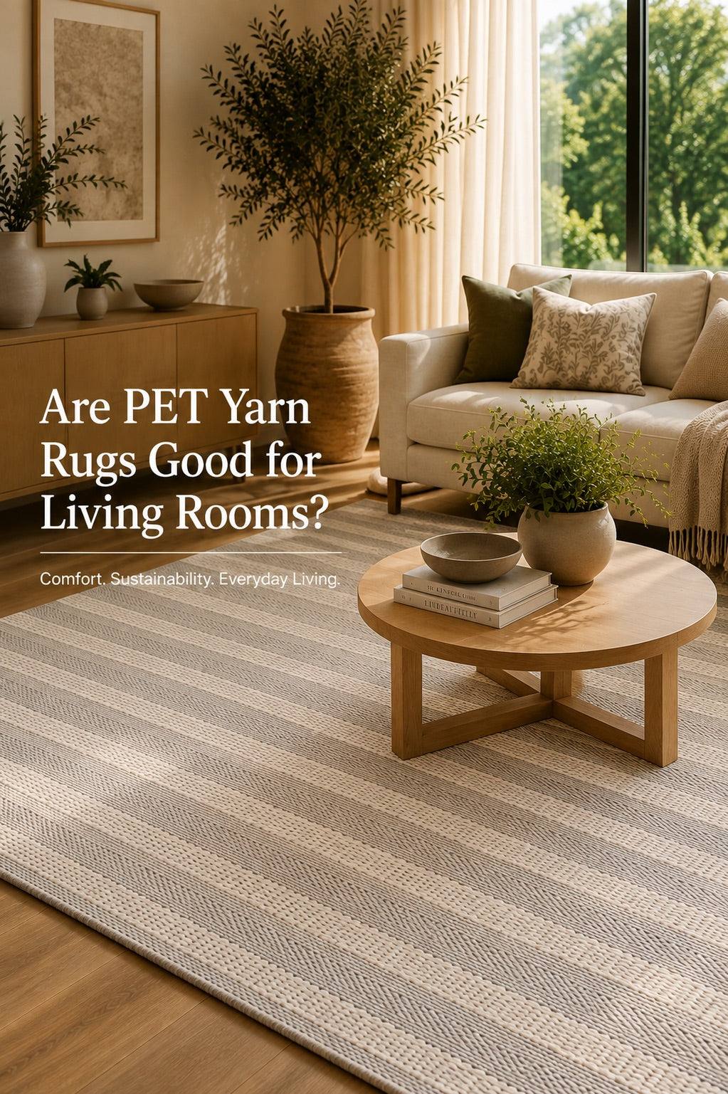 A hand woven PET Yarn Flatweave rug styled in a modern Perth home living room.