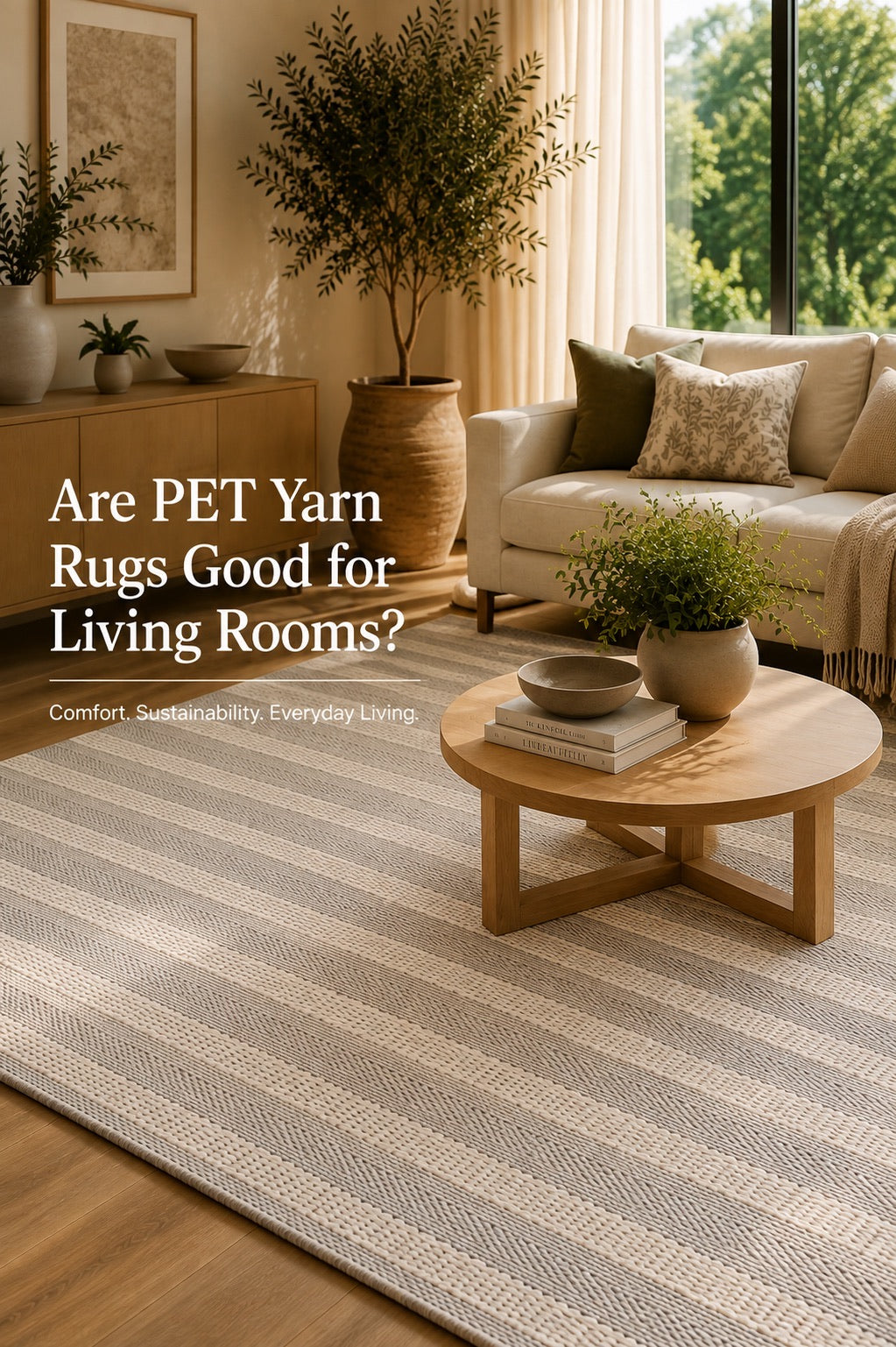 A hand woven PET Yarn flatweave rug styled in a modern Perth home Living Room Setting.