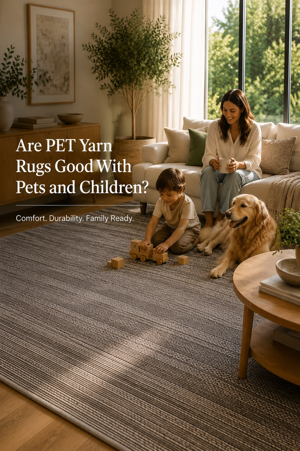Mom, child and dog sitting in a Perth living room with a hand woven PET Yarn Rug.
