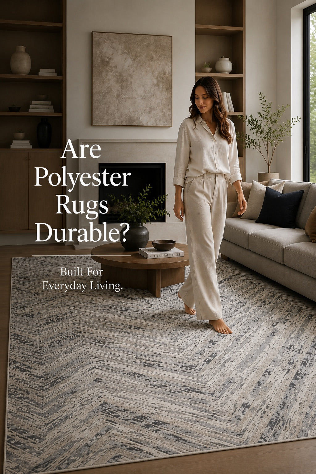 A polyester machine made rug styled in a modern Perth home living room setting.