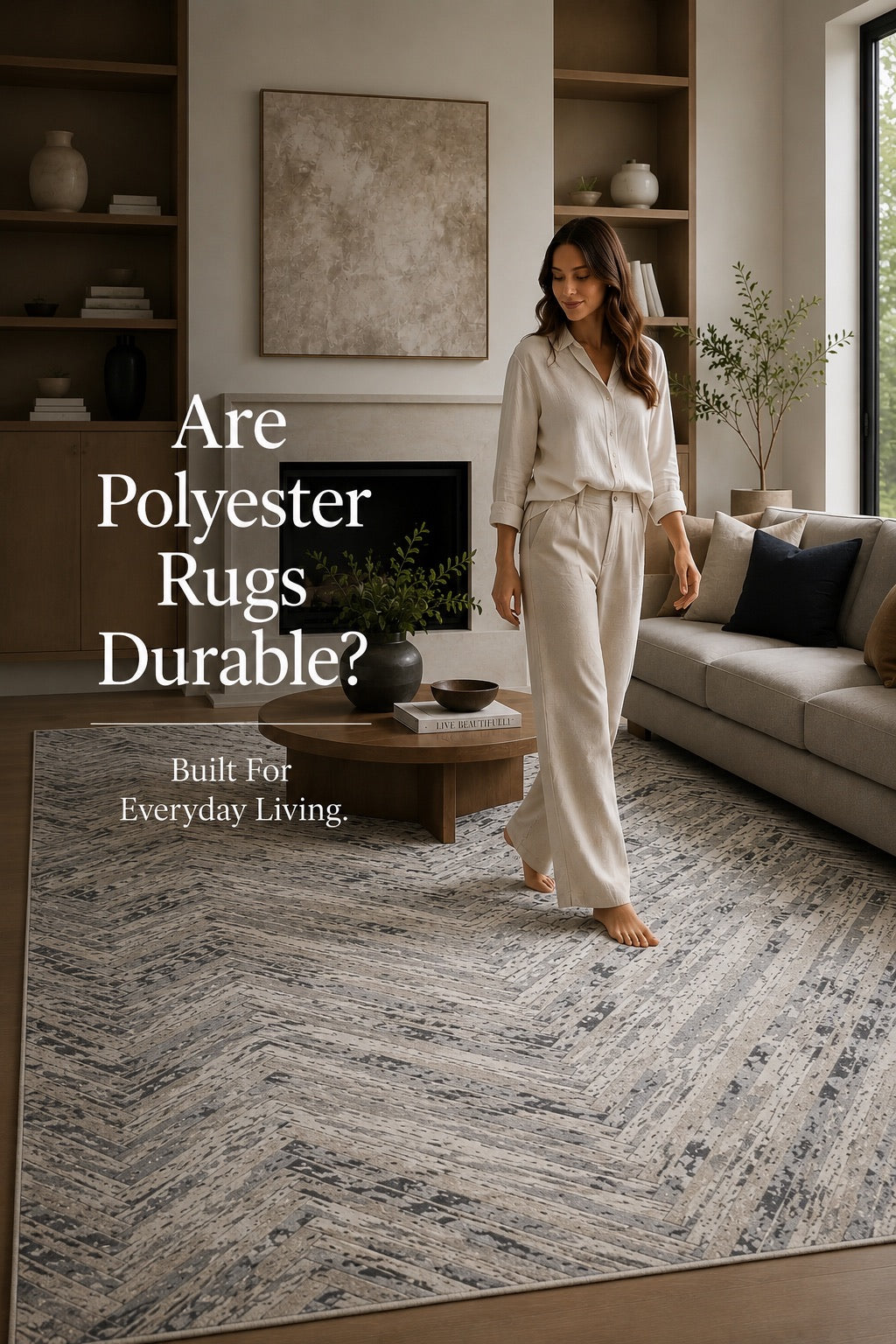 A woman walking on a polyester machine made rug in a modern Perth home living room setting.
