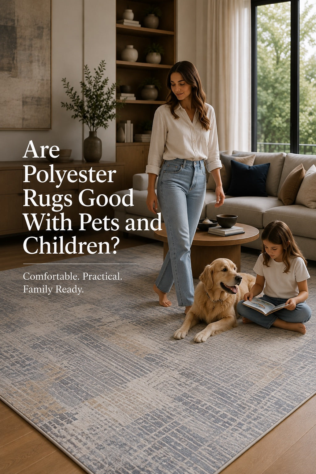 A mom, daughter and dog all on a polyester machine made rug in a modern Perth home living room setting.