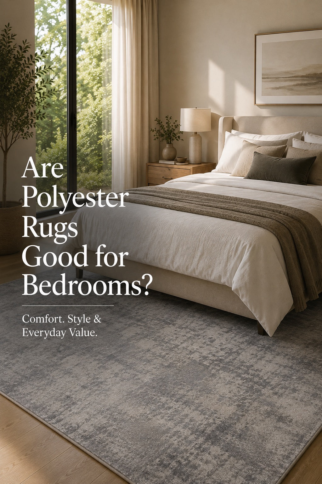 A machine made polyester rug styled in a modern Perth home bedroom setting.