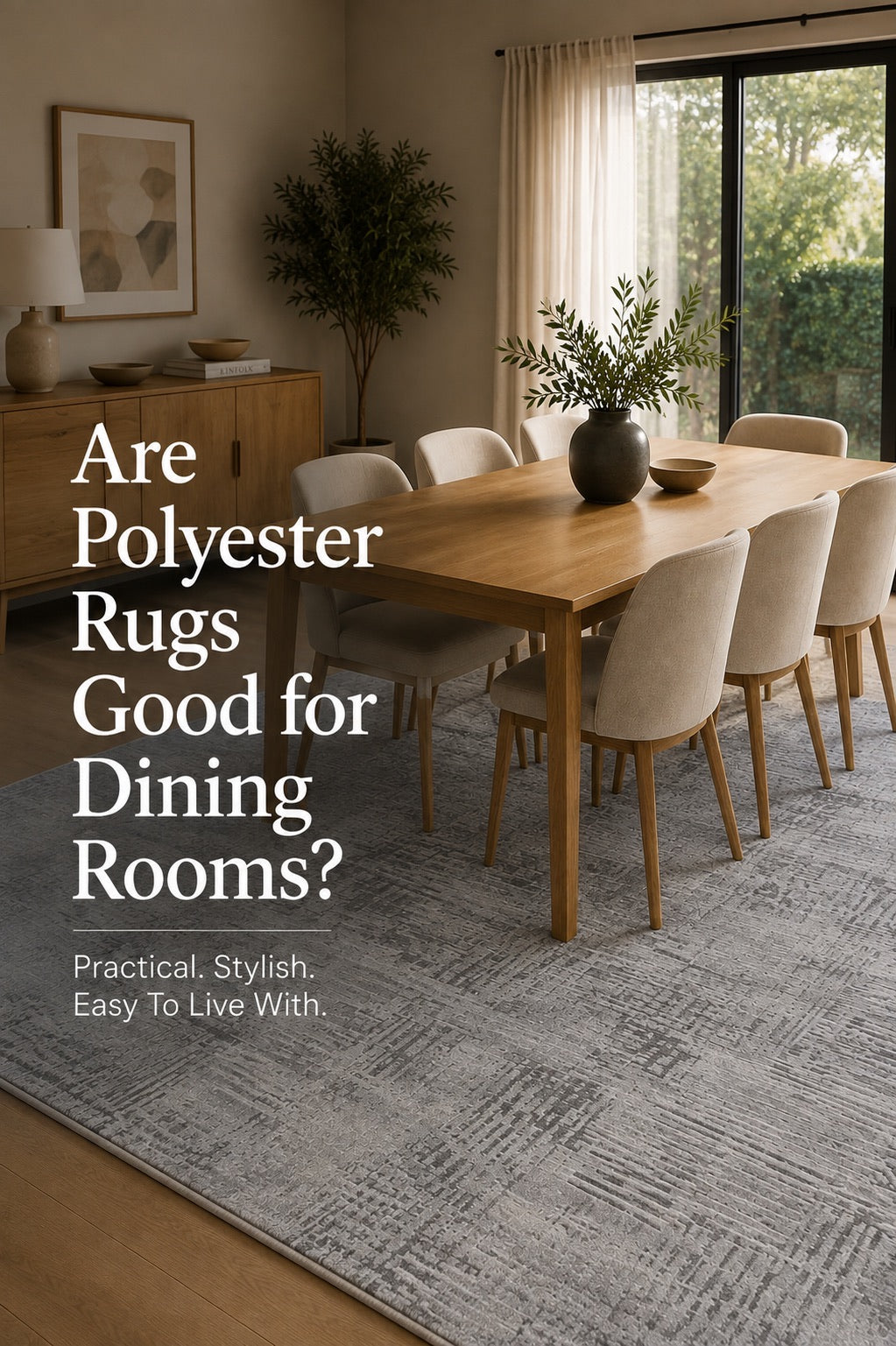 A polyester machine made rug styled in a modern Perth home dining room setting.