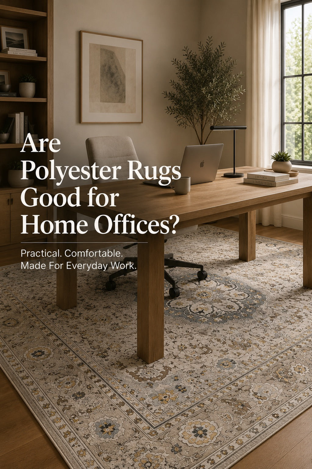 A polyester traditional rug styled in a Perth Home office setting.