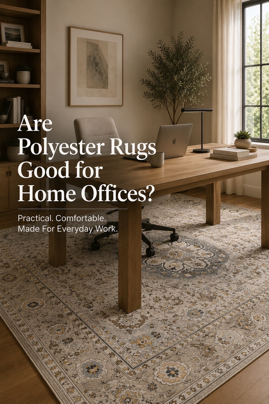 A machine made polyester rug styled in a modern Perth home office setting.