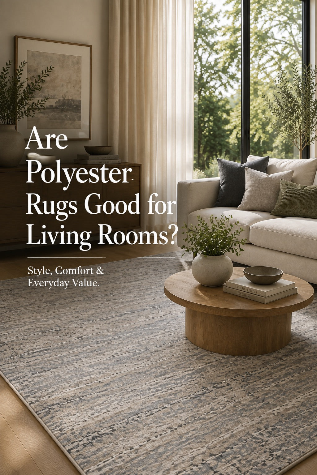 A modern polyester machine made rug styled in a Perth home living room.