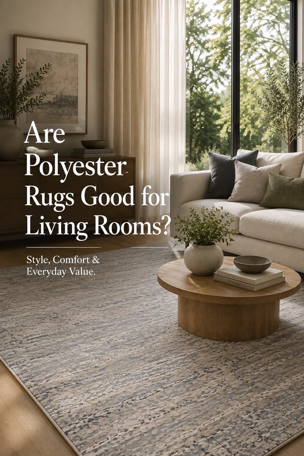 A machine made polyester rug styled in a modern Perth home living room.