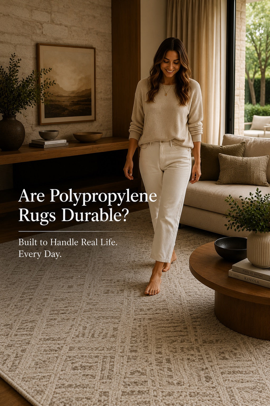 A woman walking on a polypropylene machine made rug in a modern Perth home living room setting.