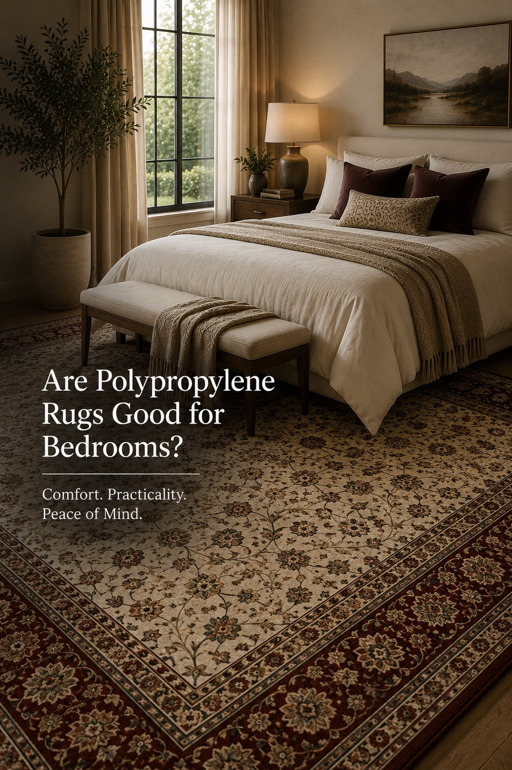 A traditional heat-set polypropylene rug styled in a  modern Perth home bedroom.