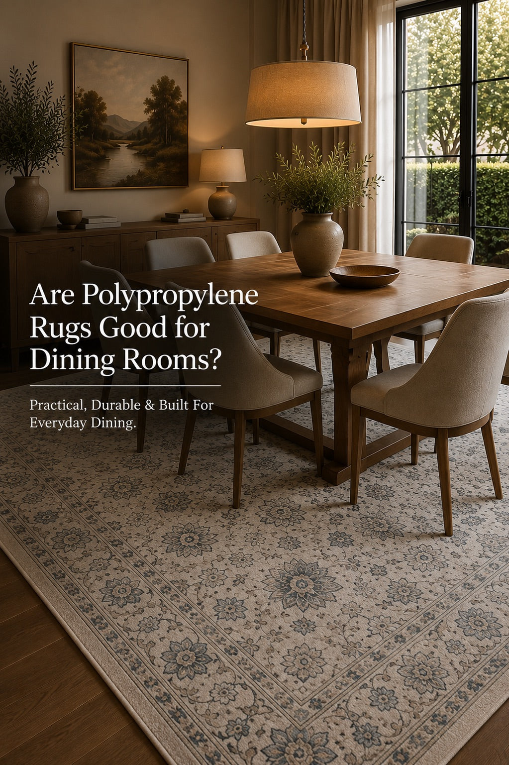 A traditional Heat-Set Polypropylene rug styled in a modern Perth home dining room setting.