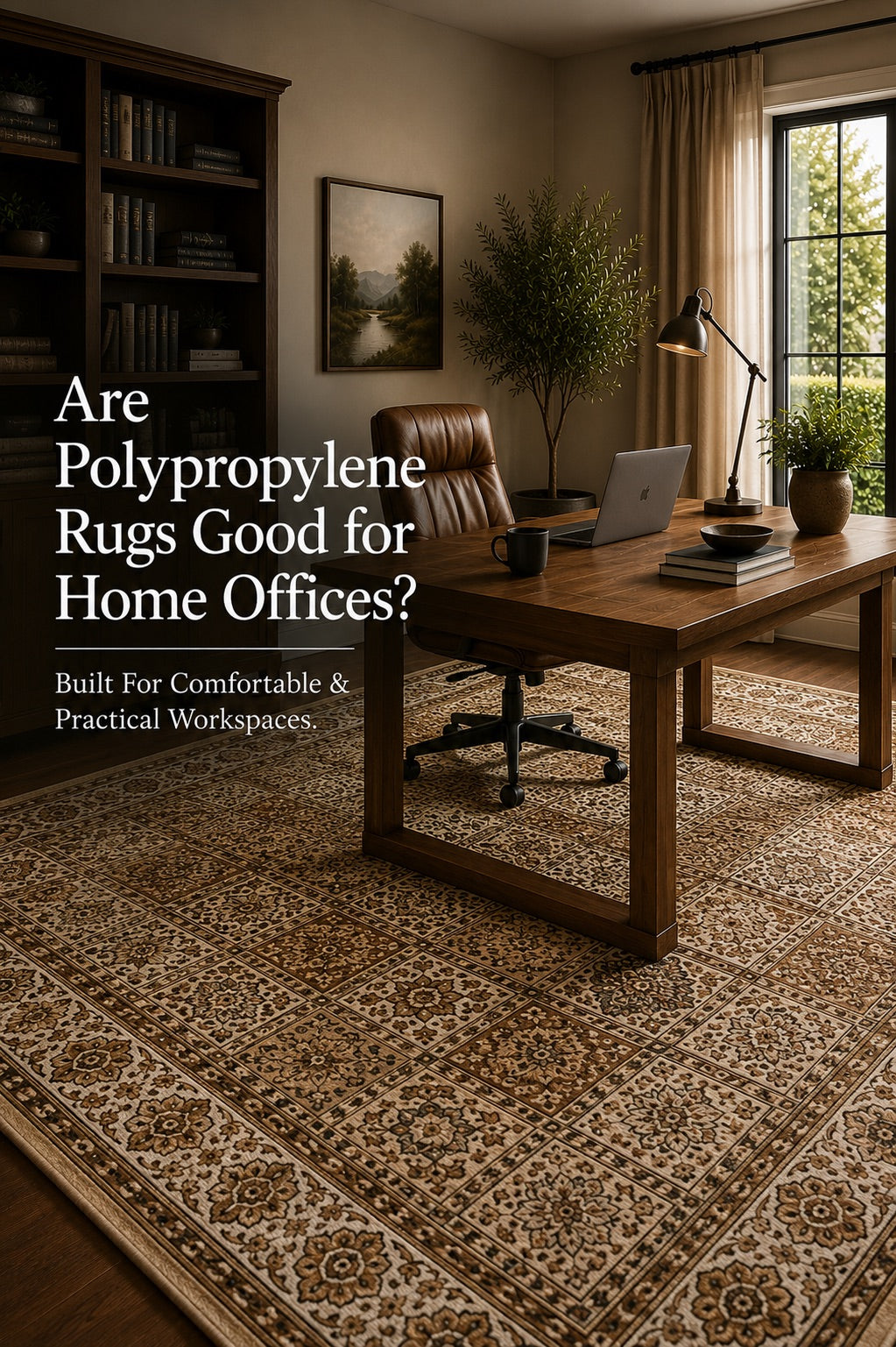 A Heat-Set Polypropylene Rug styled in a modern Perth home office setting.