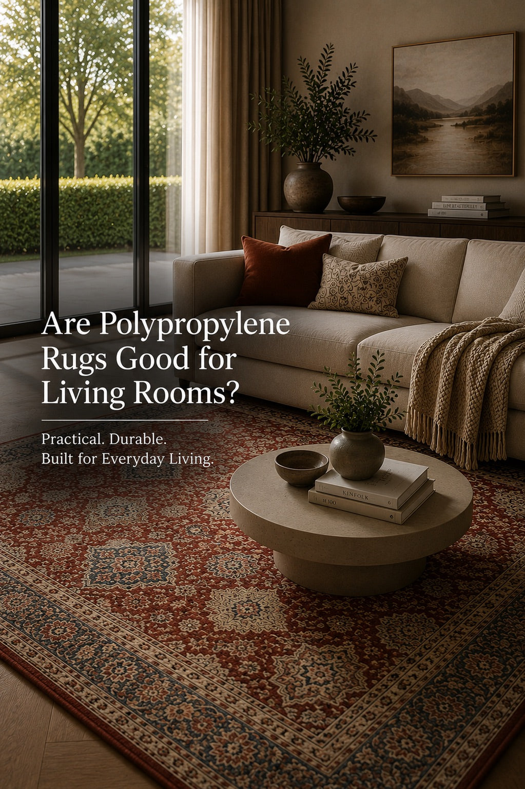 A Heat-Set Polypropylene Rug styled in a modern Perth home living room setting.