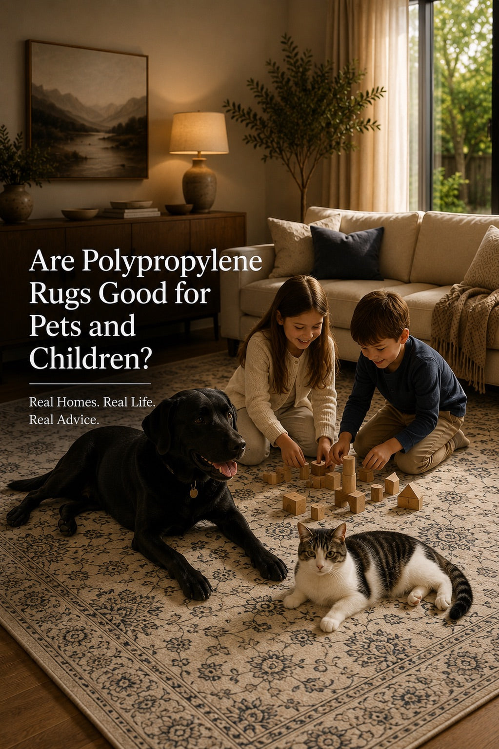 A polypropylene machine made rug styled in a Perth home living room setting with children and pets.