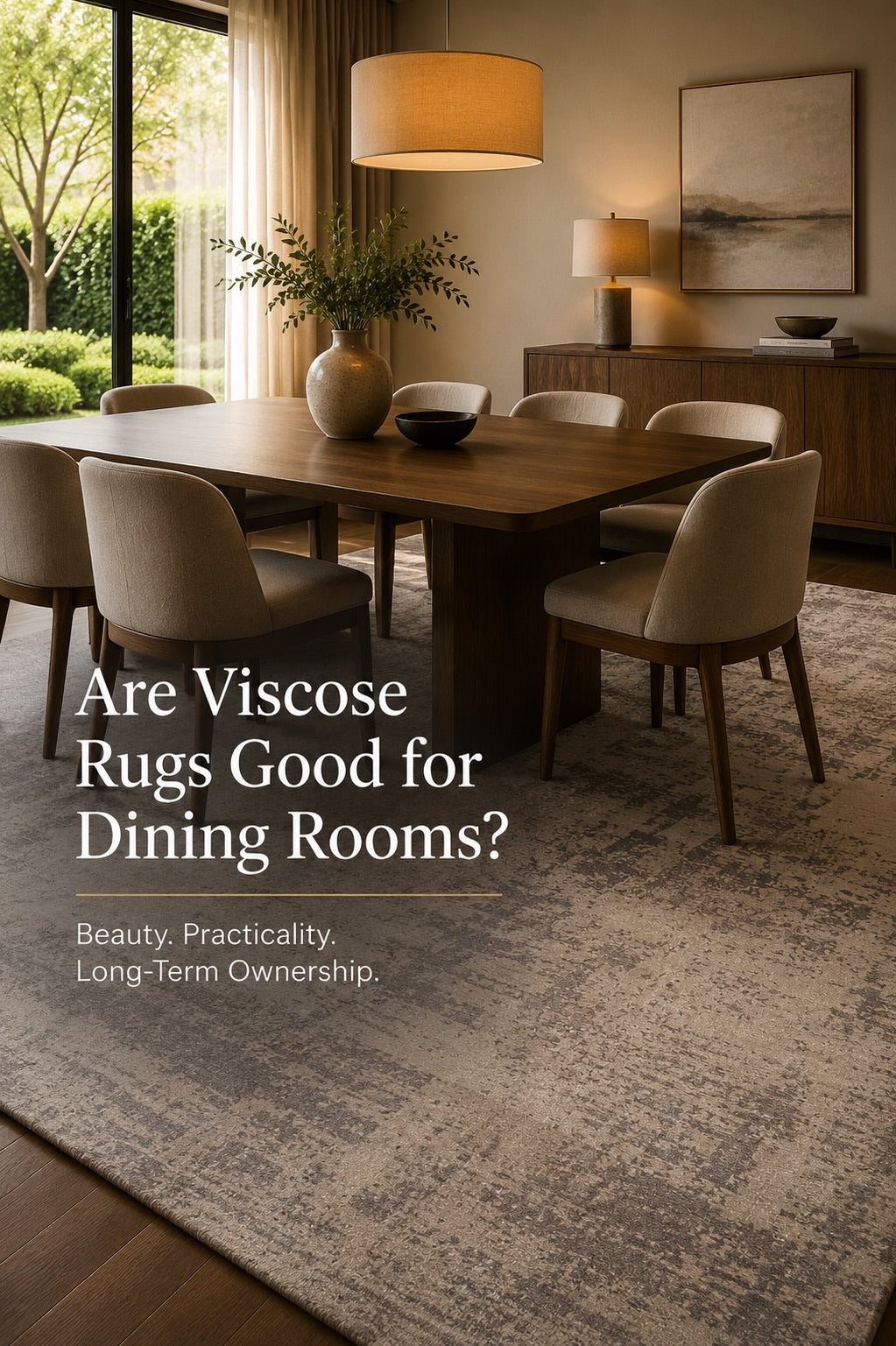A hand woven low-cut pile Viscose rug styled in a modern Perth home dining room setting.