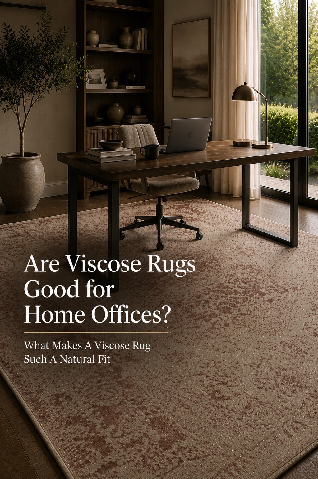 A hand woven low-cut pile viscose rug styled in a modern Perth home office setting.