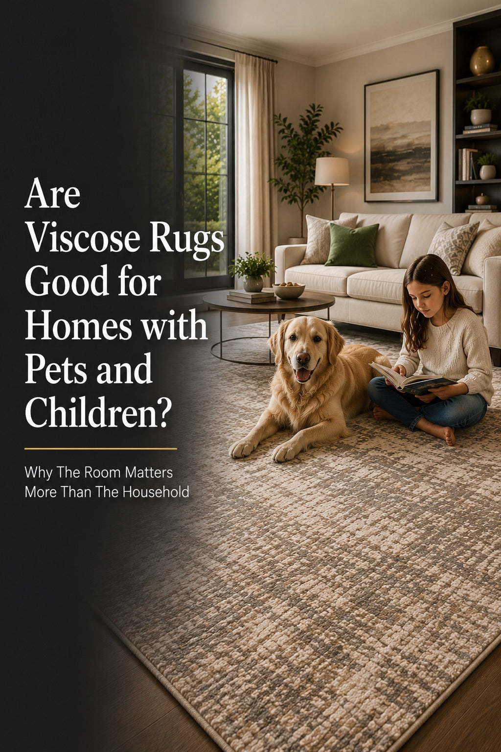 A viscose rug styled with a dog and child on it in a modern Perth home living room setting.
