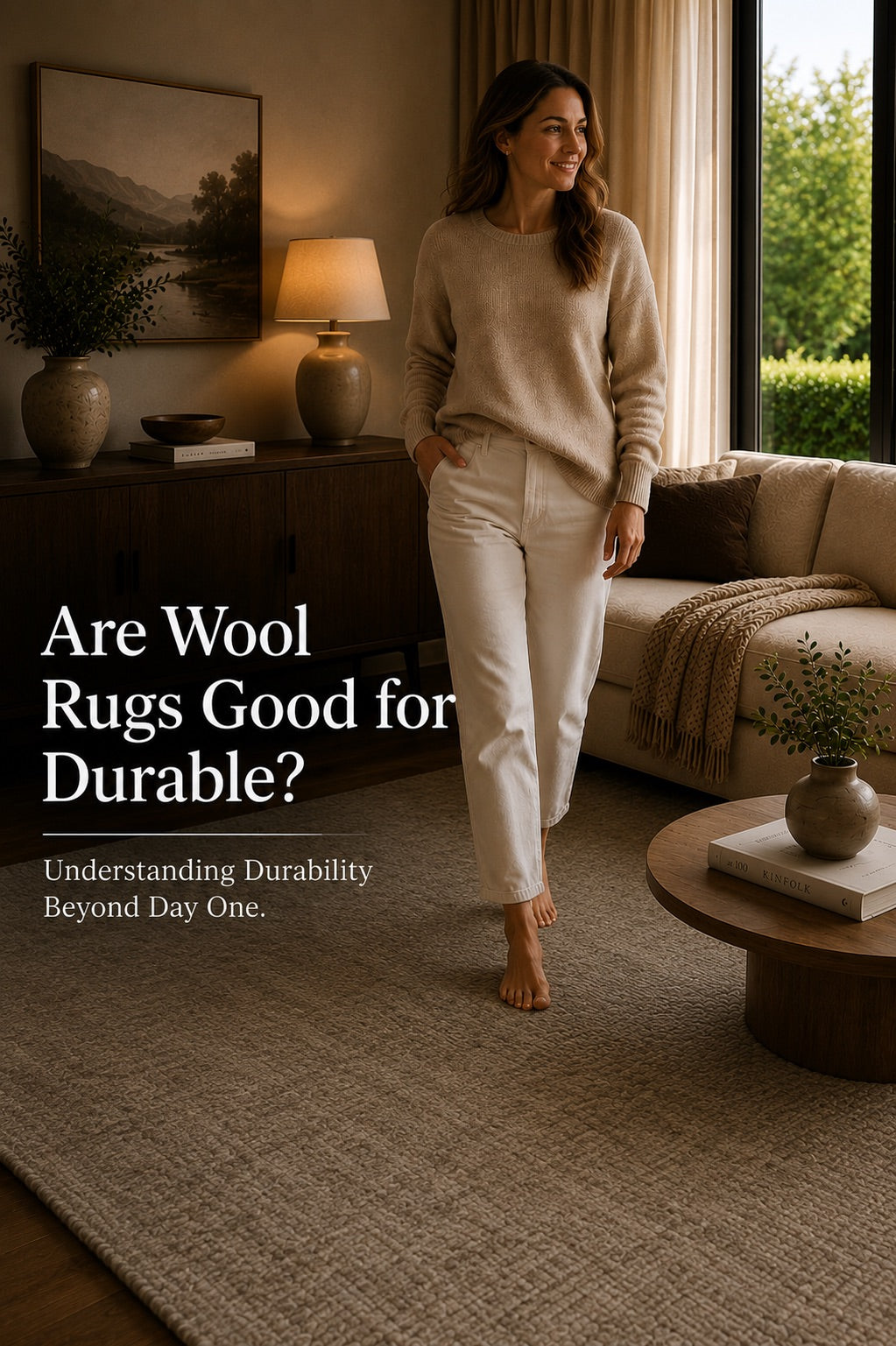 A woman walking on a hand woven wool rug in a living room setting in Perth.