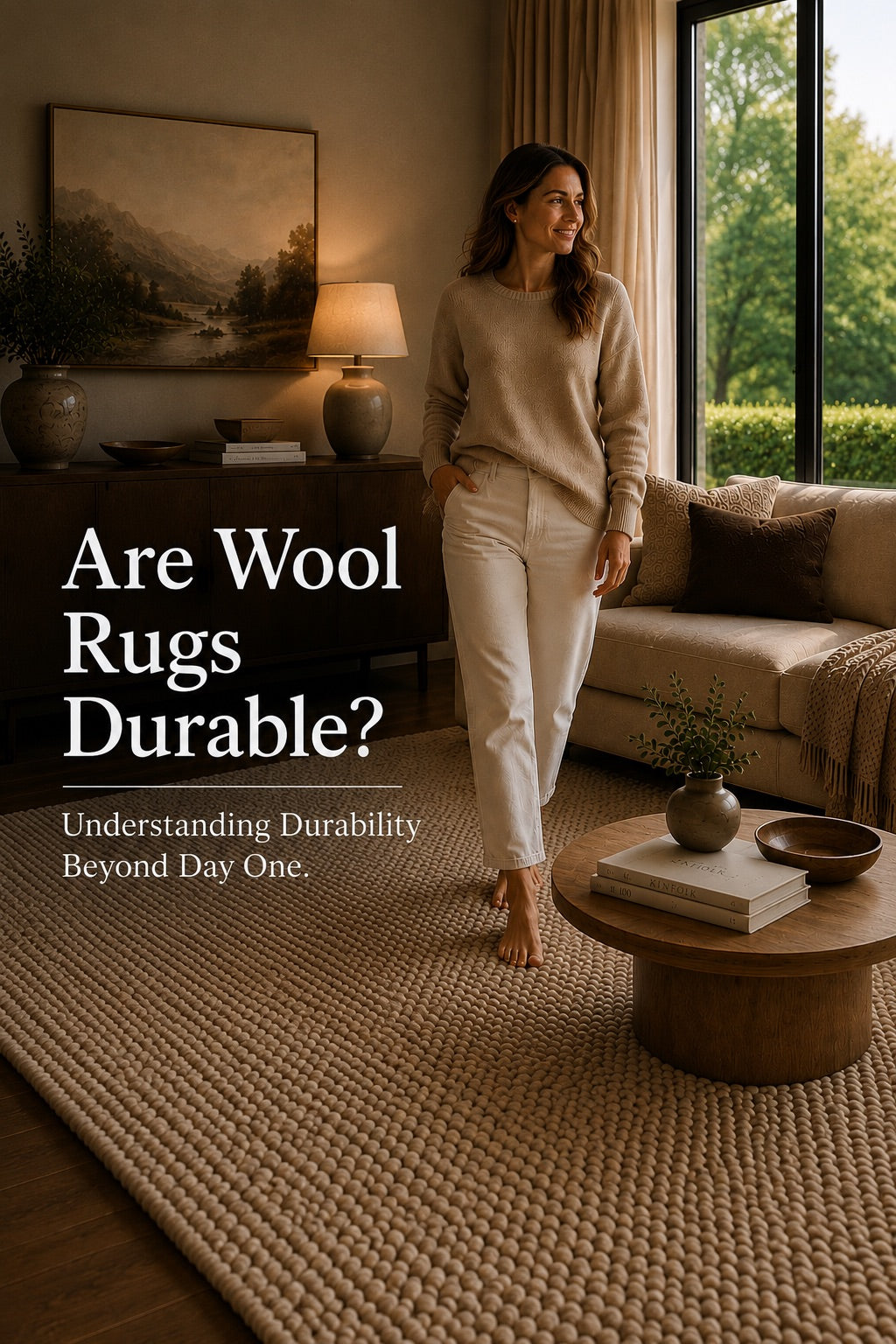 A woman walking on a hand woven wool rug in a living room setting in Perth.