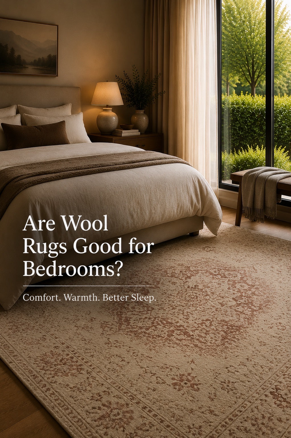A hand-knotted wool traditional rug style in a modern Perth Home Bedroom setting.