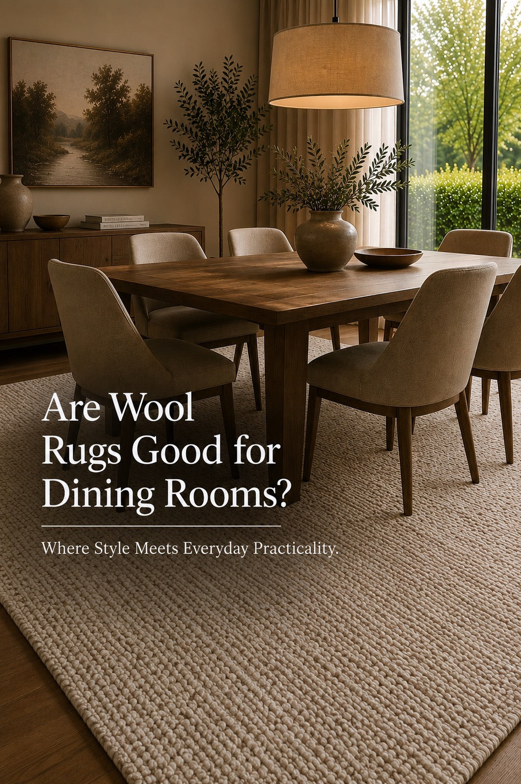 A hand woven wool flatweave rug styled in a modern Perth home dining room setting.