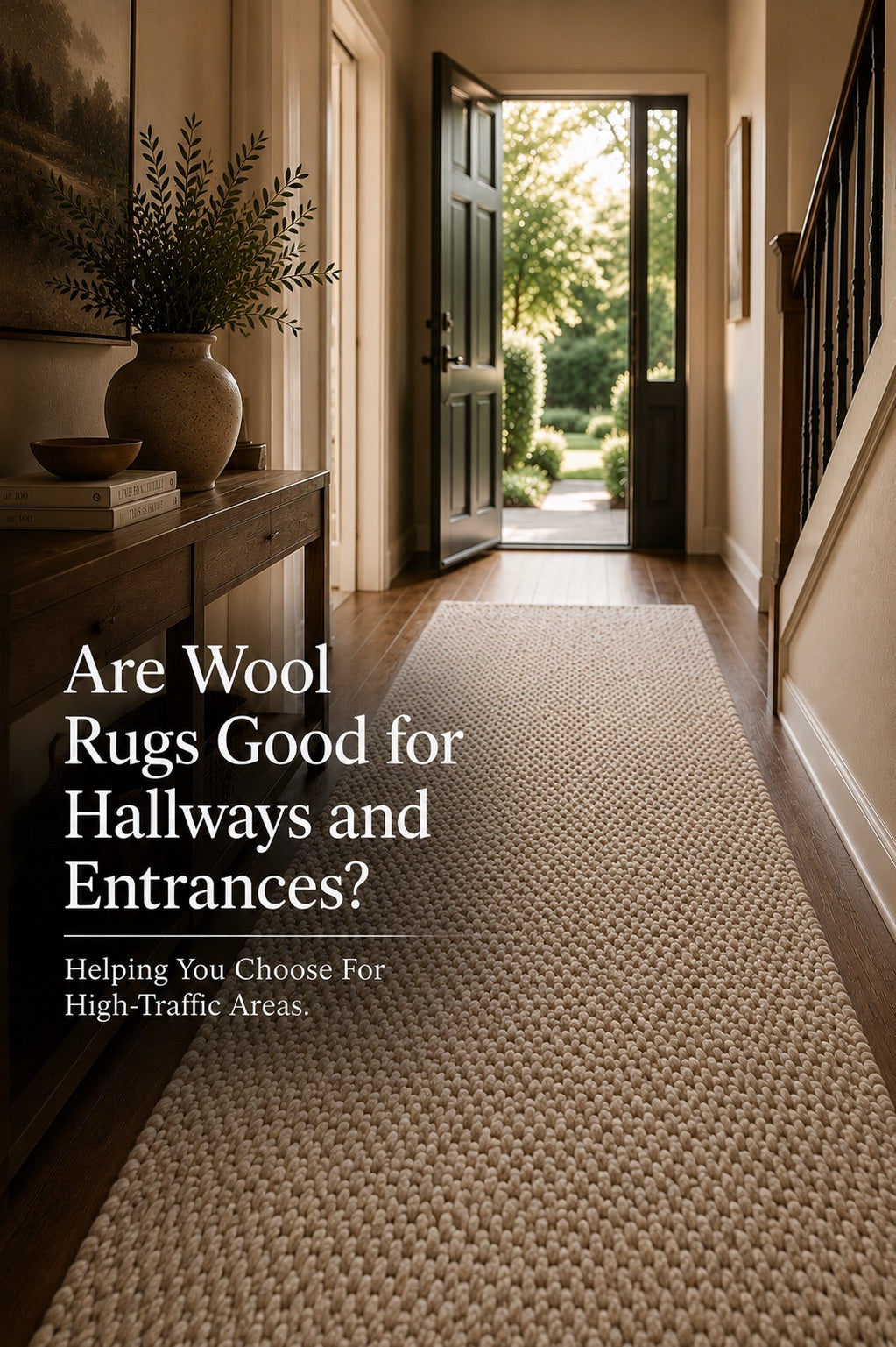 A hand woven textured wool hallway rug runner styled in a modern Perth home hallway setting.