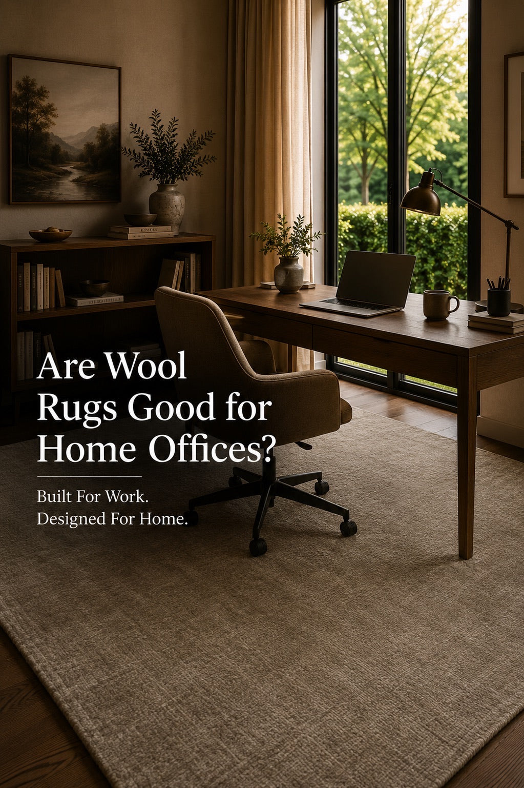 A hand woven wool flatweave rug styled in a modern Perth home office setting.