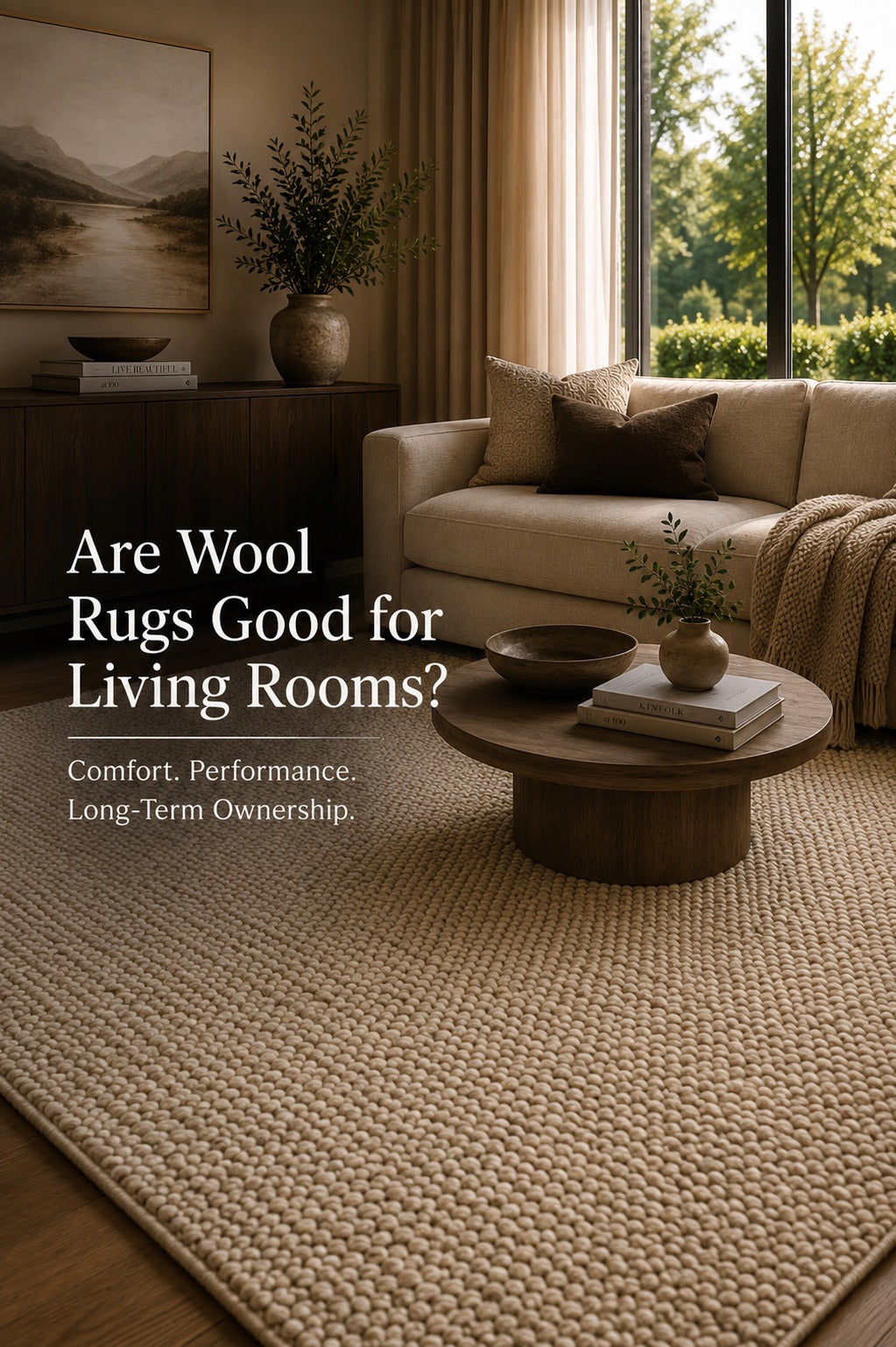 A wool rug styled in a modern Perth home living room setting.